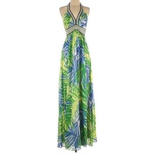 BCBGMAXAZRIA Tropical Printed Silk Halter Maxi Dress Sequined 0